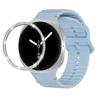 For Samsung Galaxy Watch8 44mm Diamond Bezel and Wavy Grain Stitched Color Buckle Silicone Watch Band(Light Blue Silver)