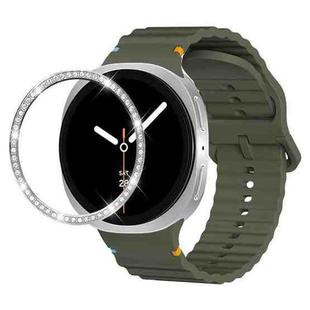 For Samsung Galaxy Watch8 40mm Diamond Bezel and Wavy Grain Stitched Color Buckle Silicone Watch Band(Army Green Silver)