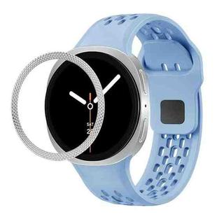 For Samsung Galaxy Watch8 40mm Rhombic Texture Bezel and Black Reverse Buckle Silicone Watch Band(Light Blue Silver)