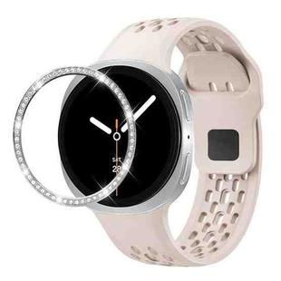 For Samsung Galaxy Watch8 44mm Diamond Bezel and Black Reverse Buckle Silicone Watch Band(Starlight Silver)