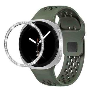 For Samsung Galaxy Watch8 44mm Diamond Bezel and Black Reverse Buckle Silicone Watch Band(Army Green Silver)