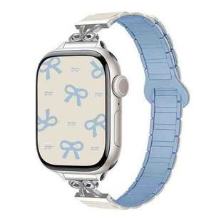 For Apple Watch 46mm / 49mm / 45mm / 44mm Bow Small Waist Magnetic Silicone Watch Band(Antique White with Misty Blue)