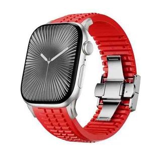 For Apple Watch 46mm / 49mm / 45mm / 44mm Knurled Texture Folding Buckle Silicone Watch Band(Titanium Red)