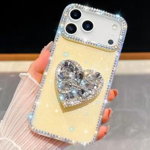 For iPhone 17 Pro Max Diamond Glitter Gemstone Heart Holder Phone Case(Light Yellow)