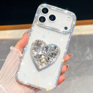 For iPhone 17 Pro Max Diamond Glitter Gemstone Heart Holder Phone Case(White)