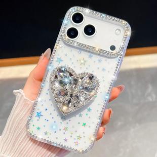 For iPhone 17 Pro Max Diamond Glitter Gemstone Heart Holder Phone Case(Transparent Stars)