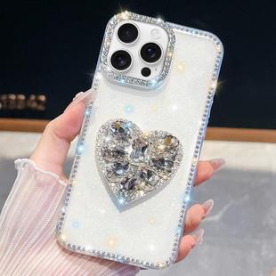 For iPhone 16 Pro Diamond Glitter Gemstone Heart Holder Phone Case(White)