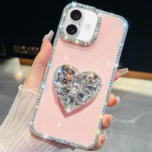 For iPhone 16 Plus Diamond Glitter Gemstone Heart Holder Phone Case(Light Pink)