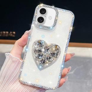 For iPhone 16 Plus Diamond Glitter Gemstone Heart Holder Phone Case(White)