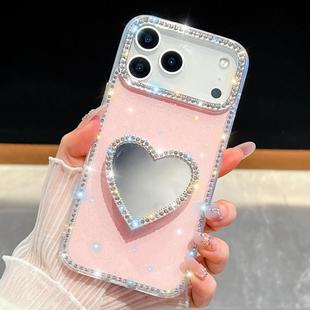 For iPhone 17 Pro Max Diamond Glitter Mirror Heart Holder Phone Case(Light Pink)