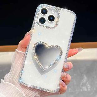For iPhone 16 Pro Max Diamond Glitter Mirror Heart Holder Phone Case(White)