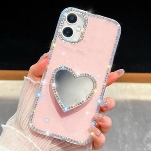 For iPhone 16 Plus Diamond Glitter Mirror Heart Holder Phone Case(Light Pink)