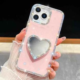 For iPhone 15 Pro Max Diamond Glitter Mirror Heart Holder Phone Case(Light Pink)