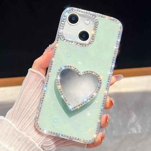 For iPhone 14 Diamond Glitter Mirror Heart Holder Phone Case(Light Green)