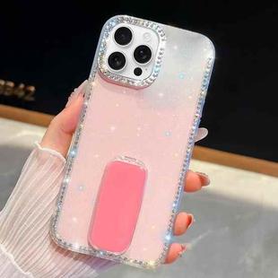 For iPhone 16 Pro Max Rhinestone Glitter TPU 4-corners Anti-fall Phone Case with Holder(Light Pink)