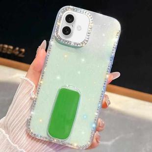 For iPhone 16 Plus Rhinestone Glitter TPU 4-corners Anti-fall Phone Case with Holder(Light Green)