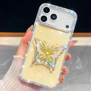 For iPhone 17 Pro Max Diamond Glitter Butterfly Holder Phone Case(Light Yellow)