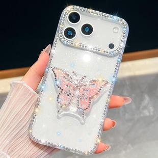 For iPhone 17 Pro Max Diamond Glitter Butterfly Holder Phone Case(Transparent)