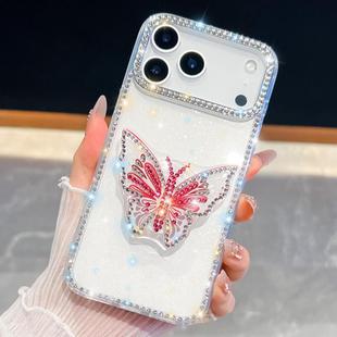 For iPhone 17 Pro Diamond Glitter Butterfly Holder Phone Case(White)