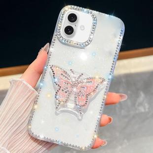For iPhone 16 Plus Diamond Glitter Butterfly Holder Phone Case(Transparent)