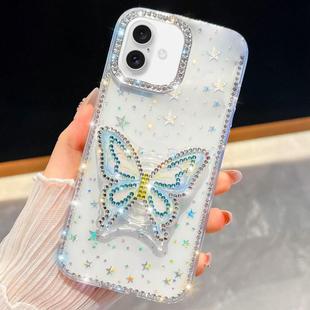 For iPhone 16 Plus Diamond Glitter Butterfly Holder Phone Case(Transparent Stars)