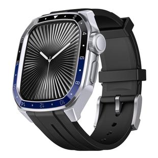 For Apple Watch Series 10 46mm Scale Model Integrated Metal Frame Silicone Watch Band(Silver Frame Black Blue Dial)