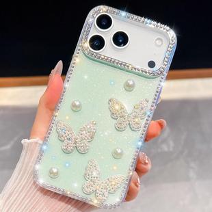 For iPhone 17 Pro Max Diamond Glitter Pearl Butterfly Four-Corner Shockproof Phone Case(Light Green)