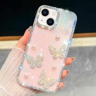 For iPhone 14 Diamond Glitter Pearl Butterfly Four-Corner Shockproof Phone Case(Light Pink)