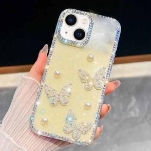 For iPhone 14 Diamond Glitter Pearl Butterfly Four-Corner Shockproof Phone Case(Light Yellow)