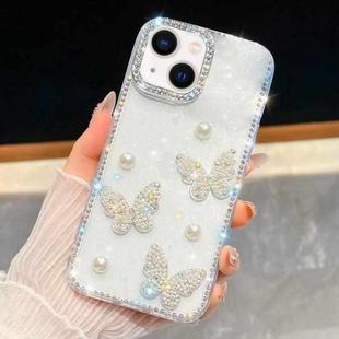 For iPhone 14 Diamond Glitter Pearl Butterfly Four-Corner Shockproof Phone Case(White)