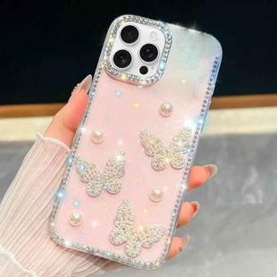 For iPhone 14 Pro Diamond Glitter Pearl Butterfly Four-Corner Shockproof Phone Case(Light Pink)