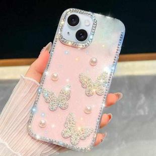 For iPhone 15 Diamond Glitter Pearl Butterfly Four-Corner Shockproof Phone Case(Light Pink)