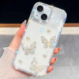 For iPhone 15 Diamond Glitter Pearl Butterfly Four-Corner Shockproof Phone Case(Transparent)