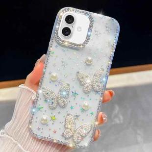 For iPhone 16 Plus Diamond Glitter Pearl Butterfly Four-Corner Shockproof Phone Case(Transparent Stars)