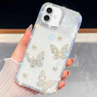 For iPhone 16 Plus Diamond Glitter Pearl Butterfly Four-Corner Shockproof Phone Case(Transparent)