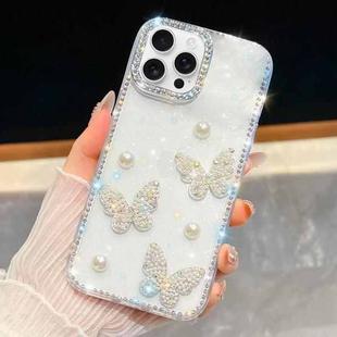 For iPhone 16 Pro Max Diamond Glitter Pearl Butterfly Four-Corner Shockproof Phone Case(White)
