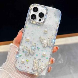 For iPhone 16 Pro Max Diamond Glitter Pearl Butterfly Four-Corner Shockproof Phone Case(Transparent Stars)