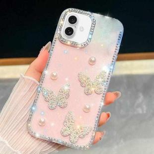 For iPhone 17 Diamond Glitter Pearl Butterfly Four-Corner Shockproof Phone Case(Light Pink)