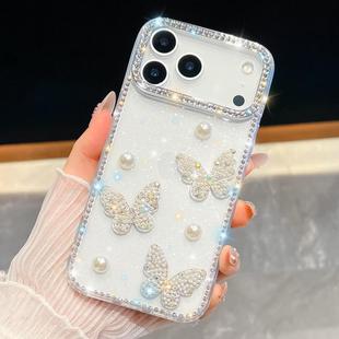 For iPhone 17 Pro Diamond Glitter Pearl Butterfly Four-Corner Shockproof Phone Case(White)