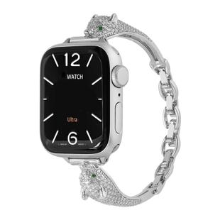 For Apple Watch 46mm / 49mm / 45mm / 44mm Copper Inlaid Zircon Leopard Head Watch Band(Silver)