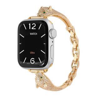 For Apple Watch 46mm / 49mm / 45mm / 44mm Copper Inlaid Zircon Leopard Head Watch Band(Gold)