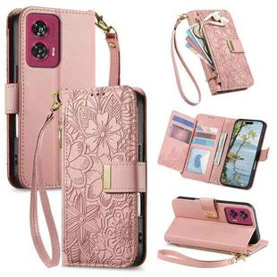 For Motorola Moto Edge 50 Fusion Flowers Leaves Zipper Wallet Leather Phone Case with Strap(Pink)