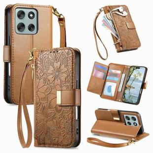 For Motorola Moto G86 5G Flowers Leaves Zipper Wallet Leather Phone Case with Strap(Brown)