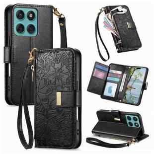 For Motorola Moto Edge 60 5G Flowers Leaves Zipper Wallet Leather Phone Case with Strap(Black)