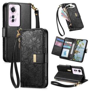 For OPPO Reno11 F 5G Flowers Leaves Zipper Wallet Leather Phone Case with Strap(Black)
