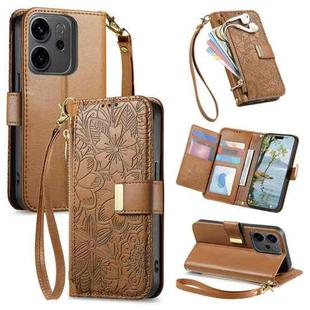 For OPPO Reno14 Glodal Flowers Leaves Zipper Wallet Leather Phone Case with Strap(Brown)