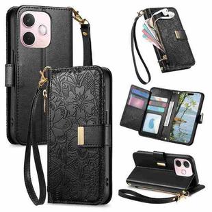 For OPPO A5 Pro 5G Glodal Flowers Leaves Zipper Wallet Leather Phone Case with Strap(Black)