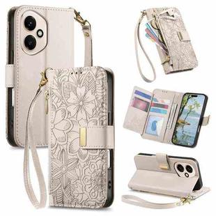 For Honor 400 Glodal 156.5mm Flowers Leaves Zipper Wallet Leather Phone Case with Strap(Khaki)