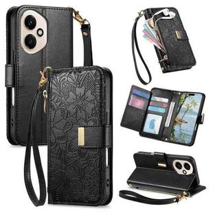 For Honor 400 Glodal 156.5mm Flowers Leaves Zipper Wallet Leather Phone Case with Strap(Black)