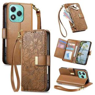 For Honor 400 Lite Glodal Flowers Leaves Zipper Wallet Leather Phone Case with Strap(Brown)